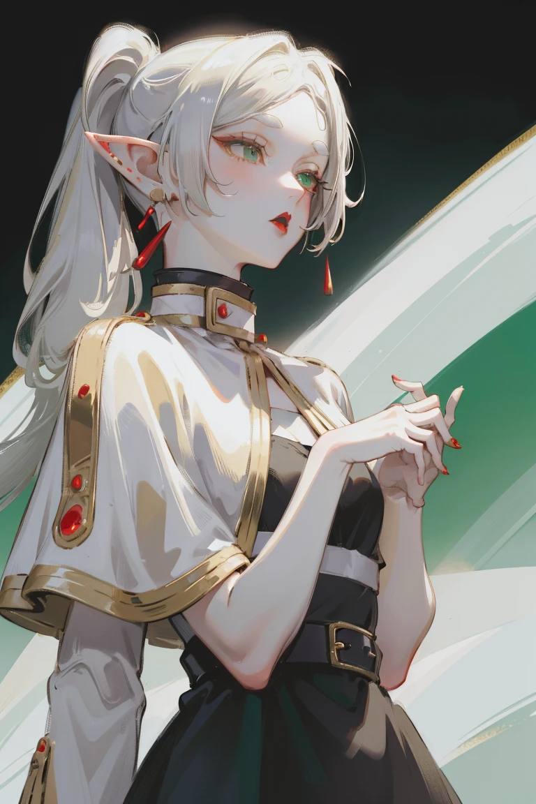 Standing with upper body, Honey, solitary, White skin, Long gray hair, Double ponytail hairstyle, (Elf ears), Green Eyes, Like a gem, earrings, Red Eyeshadow, Red lips, Black Magic Dress, careful, Fake laugh, masterpiece, high quality