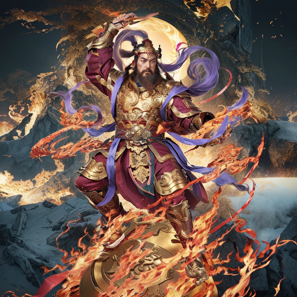 a fierce chinese warrior with a golden iron whip and a fire, asura from chinese myth, maroon beard and hair, purple deity ribbon, standing on huge golden wheel, 3 eyes, golden armour, 