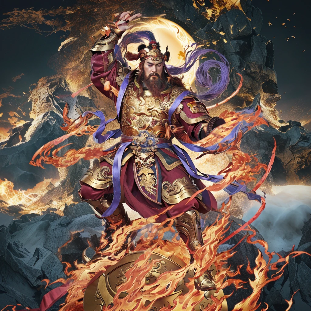 a fierce chinese warrior with a golden iron whip and a fire, asura from chinese myth, maroon beard and hair, purple deity ribbon, standing on huge golden wheel, 3 eyes, golden armour, 