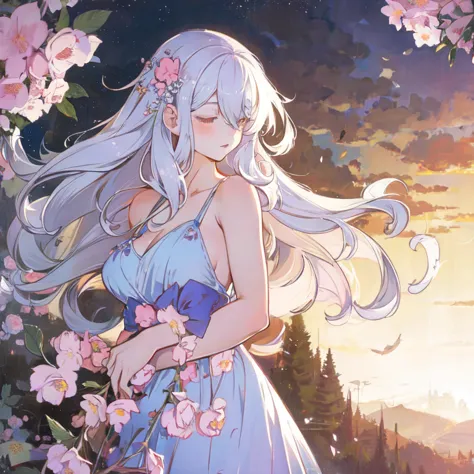 anime style girl with long hair and flowers in her hair, cute anime waifu in a beautiful dress, cute anime girl, detailed and cu...