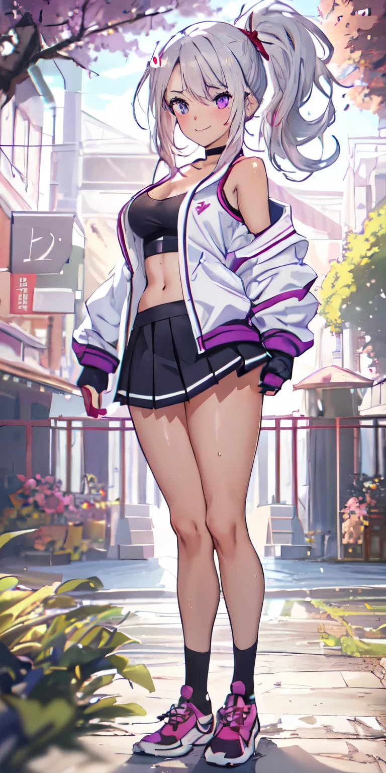 realistic, 1girl, ponytail, parted lips, blush, makeup, light smile, white hair, sportswear, skirt, wet clothes, glow, thighs, purple eye, bare shoulders, collarbone, narrow waist, sunbeam, sunlight, rose, wind, cleavage, (masterpiece), sweat, (best quality:1.2),solo,1girl,mdrin,smile,looking at viewer,crossed arms,ponytail,v-shaped eyebrows,white jacket,red shirt,fingerless gloves,black skirt,choker