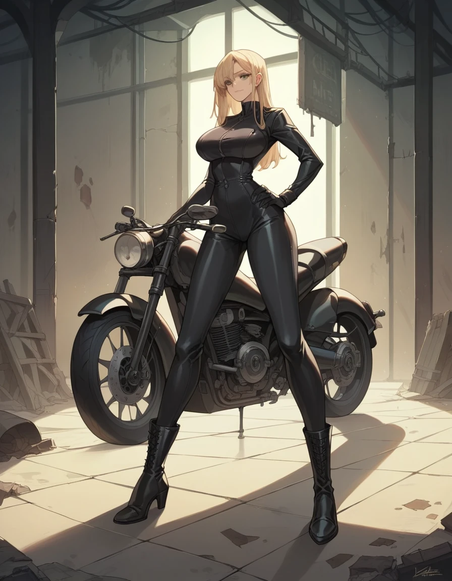 Masterpiece, best quality, Masterpiece, best quality, 1 woman, long blonde hair , black leather motorcycle suit , big breasts , abdomen , Long legs , Put your hands on your hips.. , boots , full body , abandoned factory , at night