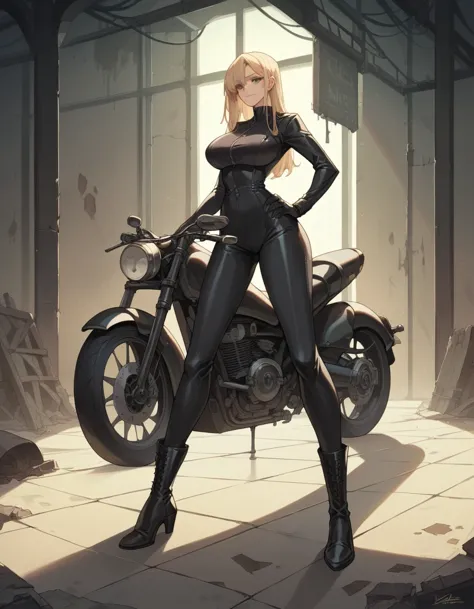 masterpiece, best quality, masterpiece, best quality, 1 woman, long blonde hair , black leather motorcycle suit , big breasts , ...