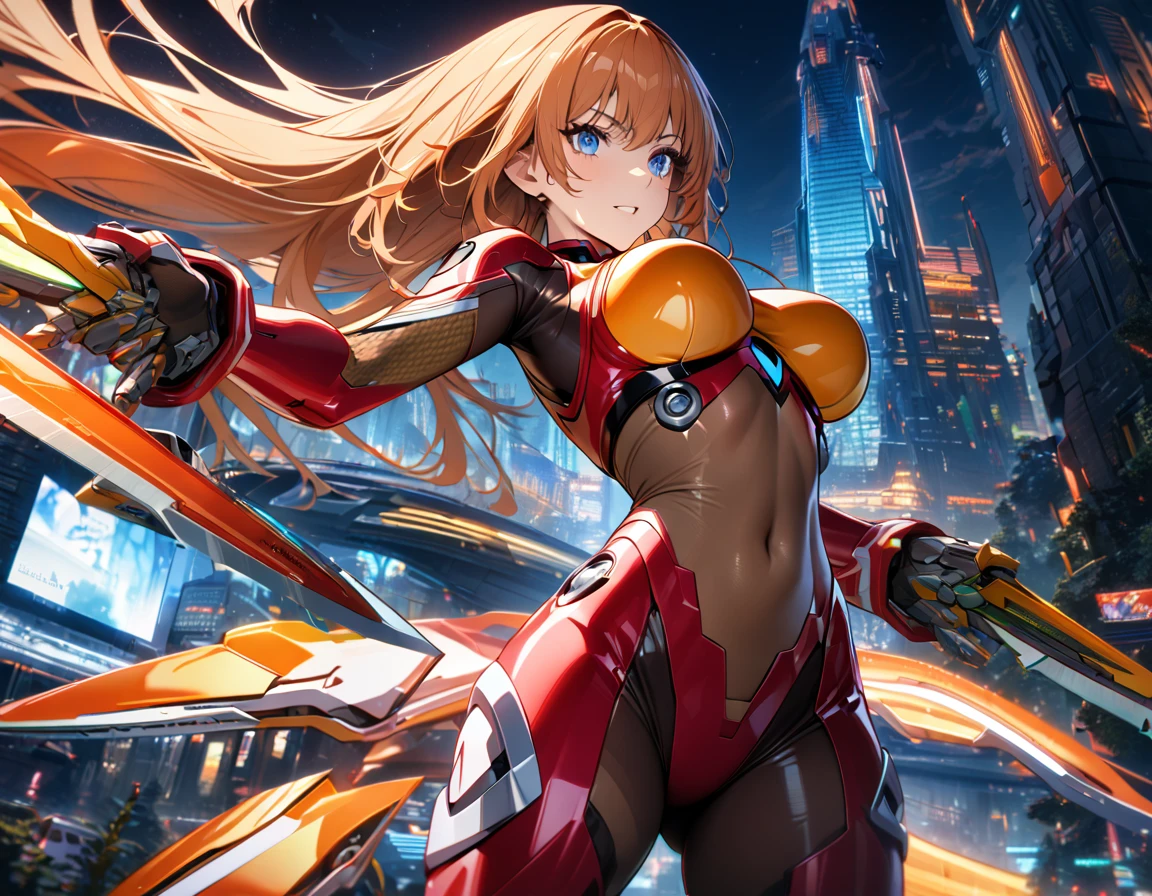 Adult girl, long orange hair, blue eyes, cyborg, very tight transparent batllesuit, cyber blades on hands, transparent elements, Masterpiece, best quality, Full HD, 8k, ultra details, great graphic, asuka koukawa, taimanin suit, bodystocking, futuristic city, night, moon,