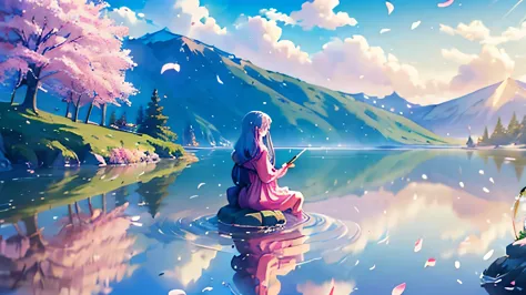 best quality,4k,8k,highres,masterpiece:1.2,ultra-detailed,realistic:1.37,spring scenery and girl reflected on the lake surface,b...