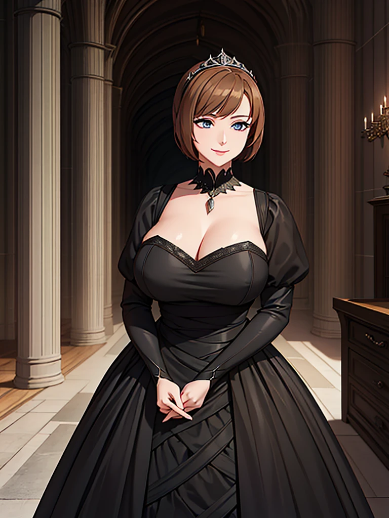 A woman wearing a black dress with silver details on the dress, short red hair, blue eyes, in a tower of a sophisticated medieval castle, open tower overlooking a large open field and a sea in the distance, smiling, big breasts,, HDR , ultra resolution, very detailed, masterpiece, HD 8K, (solo, just one girl)
