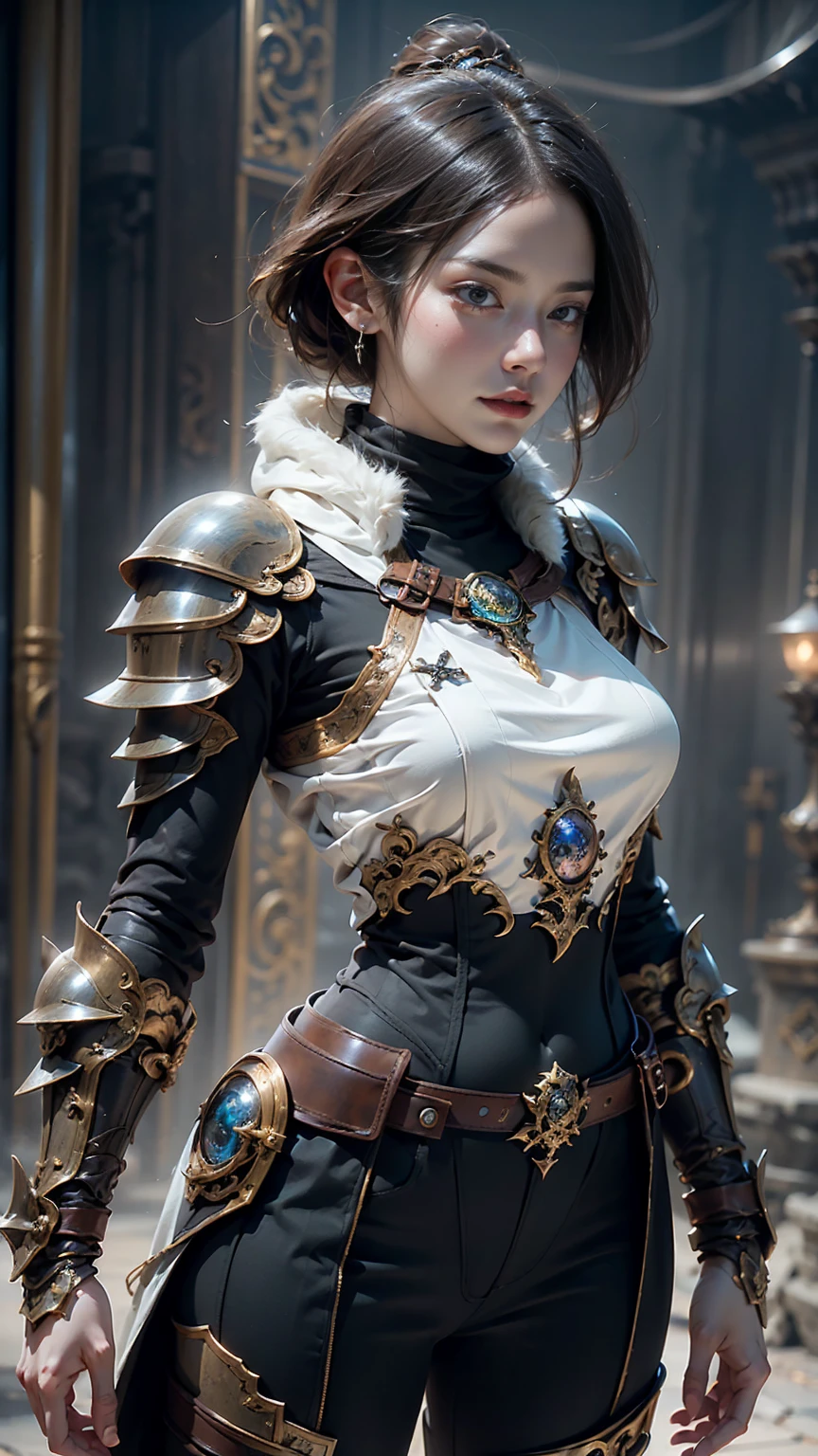 Game art，The best picture quality，Highest resolution，8K，(A bust photograph)，(Portrait)，(Head close-up)，(Rule of thirds)，Unreal Engine 5 rendering works， (The Girl of the Future)，(Female Warrior)， 20-year-old girl，((Hunter))，An eye rich in detail，(Big breasts)，Elegant and noble，indifferent，brave， （Medieval-style fur combat clothing，Glowing magic lines，Animal skin clothing with rich detailedieval Lady Knight，Medieval ranger， photo poses，simple background，Movie lights，Ray tracing，Game CG，((3D Unreal Engine))，OC rendering reflection pattern