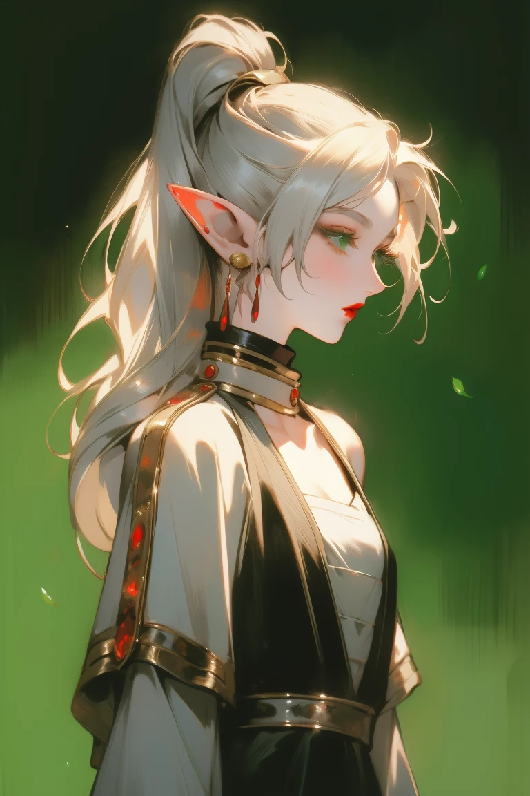 Standing with upper body, Honey, solitary, White skin, Long gray hair, Double ponytail hairstyle, (Elf ears), Green Eyes, Like a gem, earrings, Red Eyeshadow, Red lips, Black Magic Dress, careful, Fake laugh, masterpiece, high quality
