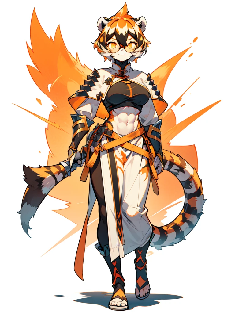 white background, full body,1girl，solo, Standing, animal ears, white hair, black hair, short hair, large breasts, Abdominal muscles,, tail, orange eyes, orange hair, multicolored hair, tiger girl, hair between eyes, tiger_ears, tiger_tail, orange-tinted_eyewear, tinted_eyewear, big breasts, evil smile, Shadows under feet,  (((Knight of Europe outfit:1.2))),