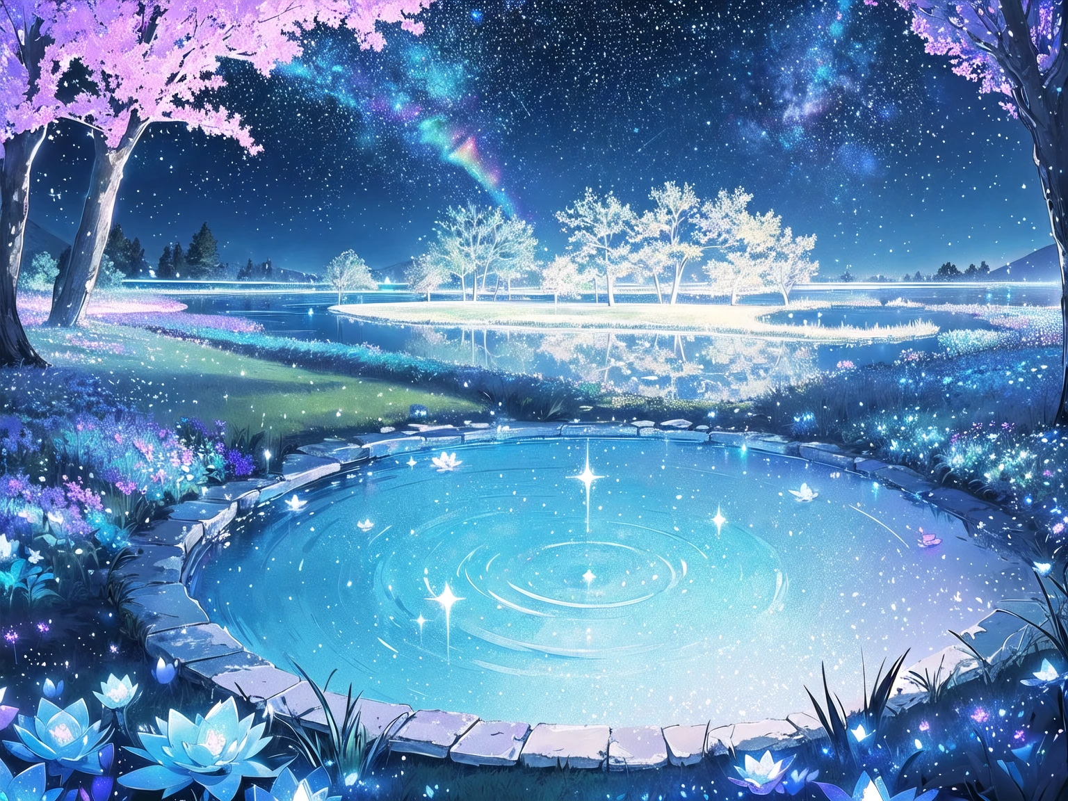 Mystical landscape with ((luminous starry blue and white flowers emitting light particles surrounding pond)),softly glowing butterflies, single beautiful vivid purple sakura tree, (((unique view with extremely vivid multicolors without any people))), {extremely detailed 16k CG unity wallpaper}, expansive natural landscape photography, (wide open field view), (low angle shot),complex details, (iridescent colors: 1.6), (dark night lighting), (atmospheric lighting), Dreamy, unique, no people, reflections perfect,(no humans),landscape only, pixiv_fantasia,((starry glittering pond,water filled with shimmering stardust)),dark night