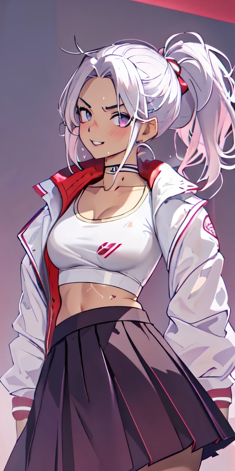 realistic, 1girl, ponytail, parted lips, blush, makeup, light smile, white hair, sportswear, skirt, wet clothes, glow, thighs, purple eye, bare shoulders, collarbone, narrow waist, sunbeam, sunlight, rose, wind, cleavage, (masterpiece), sweat, (best quality:1.2),solo,1girl,mdrin,smile,looking at viewer,crossed arms,ponytail,v-shaped eyebrows,white jacket,red shirt,fingerless gloves,black skirt,choker