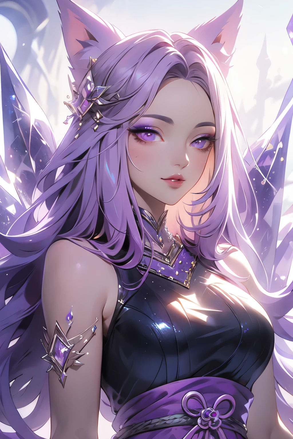 ((best quality)), ((masterpiece)), (detailed), detailed eyes, detailed hands, full-length body image, female humanoid kitsune, wearing a short kimono, crystal crown on top of her head, light purple hair, light purple fox ears, 2 purple crystal fox tails, 1 crystal eight-pointed star shape on forehead, delicate and beautiful detailing, beautiful face, well-proportioned detailed purple eyes, round detailed purple eyes and makeup, beautiful detailed and clear purple eyes, volume smooth and sharp, long flat bangs, fictional art, best photos, best quality, very beautiful and meticulous eight-pointed crystal star on forehead, delicate, mouth closed smile, not fully smiling