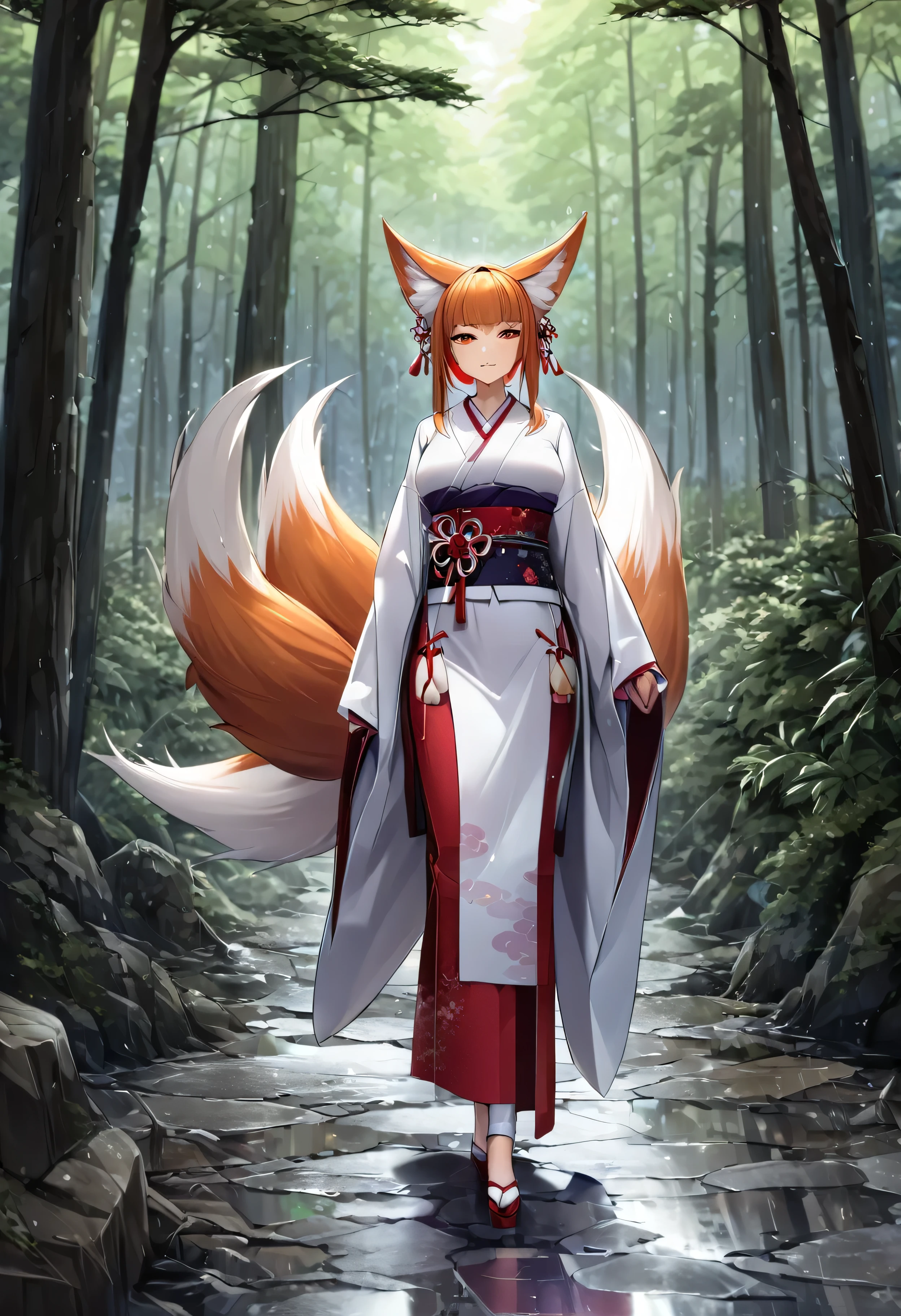 Masterpiece, Extremely detailed, Photo, A beautiful kitsune woman walking in a rainy forest, fox ears, nine fox tails, traditional Japanese clothing. 