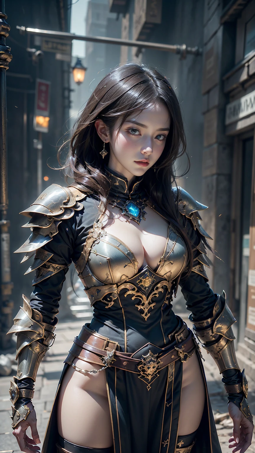 Game art，The best picture quality，Highest resolution，32K，(A bust photograph)，(Portrait)，(Head close-up)，(Rule of thirds)，Unreal Engine 5 rendering works， (The Girl of the Future)，(Female Warrior)， 20-year-old girl，((Hunter))，An eye rich in detail，(Big breasts)，Elegant and noble，indifferent，brave， （Medieval-style fur combat clothing，Glowing magic lines，Animal skin clothing with rich detailedieval Lady Knight，Medieval ranger， photo poses，simple background，Movie lights，Ray tracing，Game CG，((3D Unreal Engine))，OC rendering reflection pattern