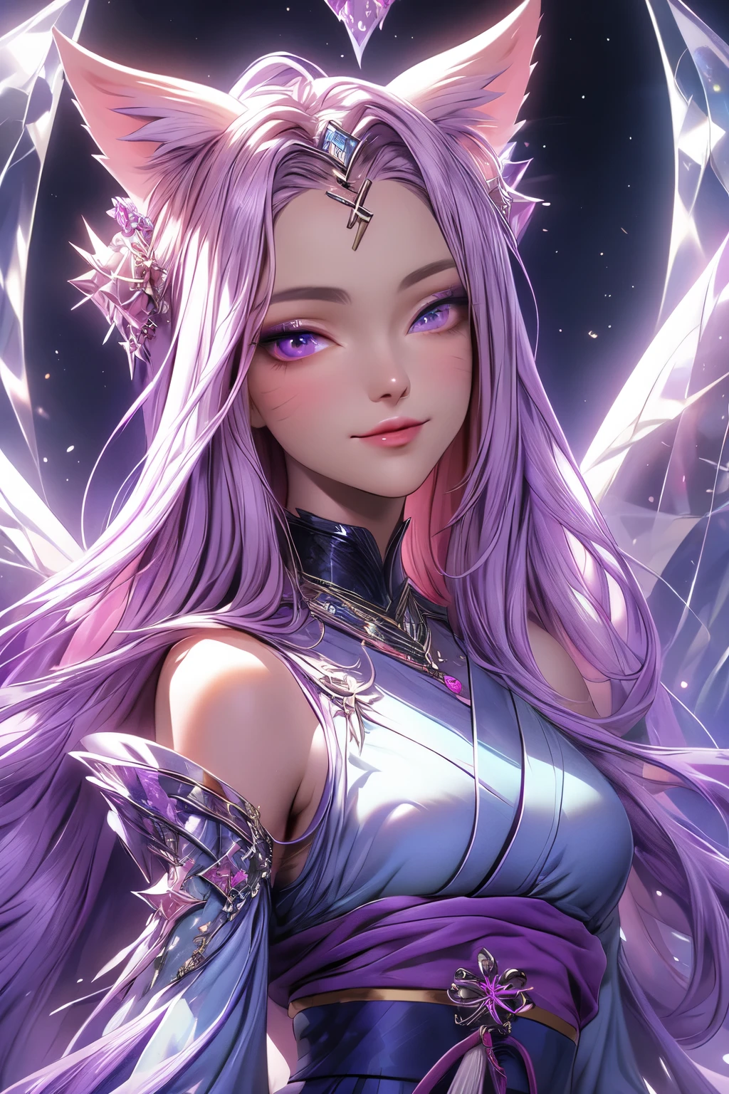 ((best quality)), ((masterpiece)), (detailed), detailed eyes, detailed hands, full-length body image, female humanoid kitsune, wearing a short kimono, crystal crown on top of her head, light purple hair, light purple fox ears, 2 purple crystal fox tails, 1 crystal eight-pointed star shape on forehead, delicate and beautiful detailing, beautiful face, well-proportioned detailed purple eyes, round detailed purple eyes and makeup, beautiful detailed and clear purple eyes, volume smooth and sharp, long flat bangs, fictional art, best photos, best quality, very beautiful and meticulous eight-pointed crystal star on forehead, delicate, mouth closed smile, not fully smiling