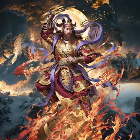 a fierce chinese warrior with a golden bamboo sword, fire, asura from chinese myth, maroon beard and hair, purple deity ribbon, ...