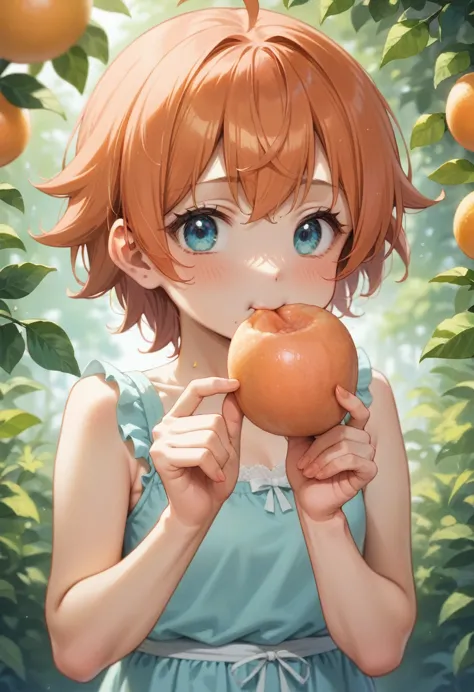 anime character holding an orange in front of her face, she is eating a peach, sayori, some orange and blue, a human-like juicy ...