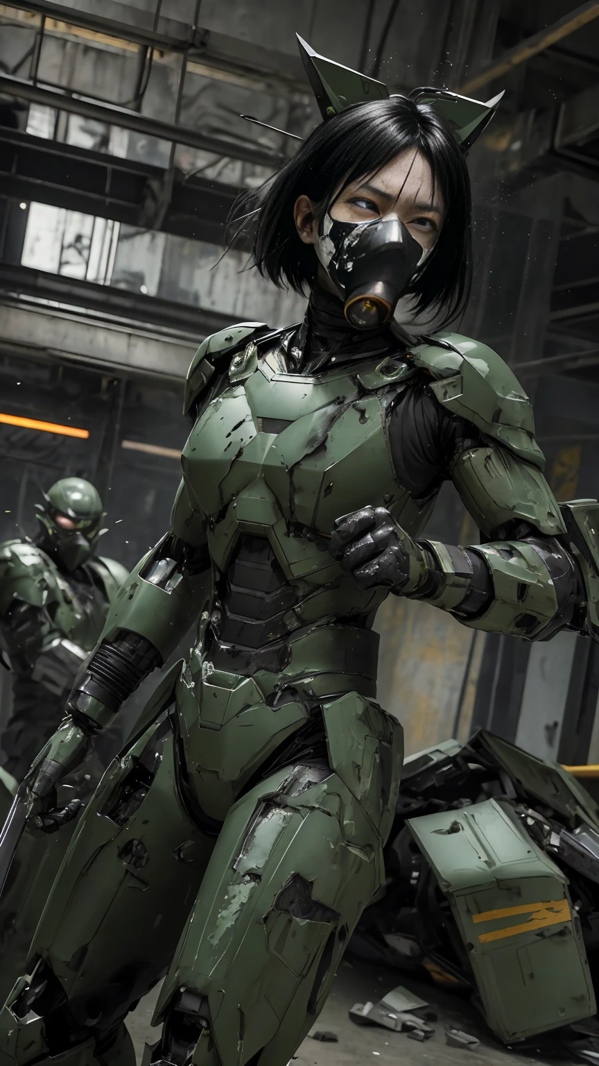 , Advanced Details, high quality, 最high quality, High resolution, 1080P 、Bleeding from the wound、Sexy Eyes、Wearing green and black、cute((The whole body is sweating))(Equipped with a damaged battle suit....)(Dark green armor)(Broken Armor)Black Hair、((Middle-aged women)) Chiquita、short hair、Open your mouth、Painful expression、It hurts again、　I was thrown against the wall、Head gear is broken.　)) flying debris　bare hands　Armor Stripping　Gas mask explodes