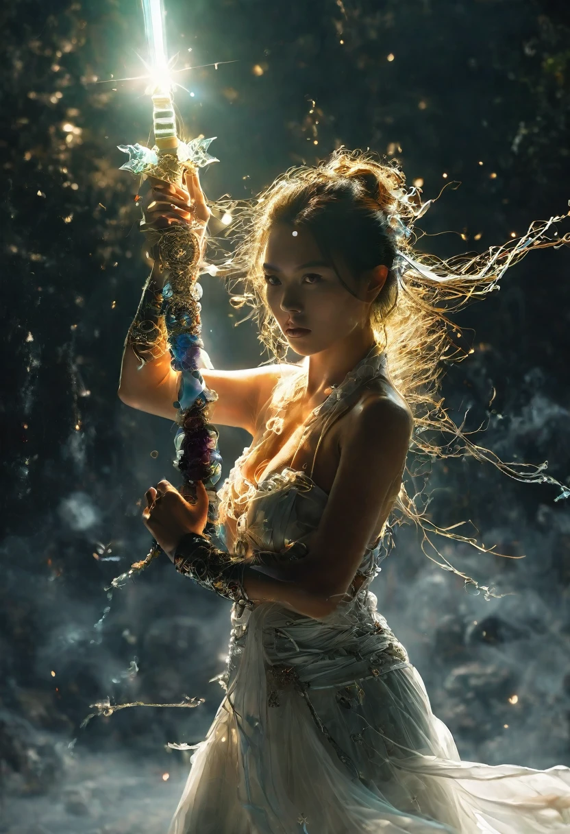 Topless photos of female swordsman，Atomic Correct,Raw, Lenses, (Be focused:1.5), (Reality:1.4), Dusk lighting, Volumetric Lighting, Ultra-high resolution, 16K,Dramatic Lighting, White background：1.5），Glowing sword,(Fighting Stance),Hold the hilt tightly，1 Sword，solitary，（tangled，Mandala，Tangle，Entanglement：0.7） , Depth of Field, Dreamy atmosphere, The most beautiful form of chaos, grace, Brutalist Design Dark Theme, Flower of Death, Flowers of ecstasy，Glowing Line,Glow Example，Tracking Example，flash， Backlight，translucent，Light Particles，exit，Xianxia