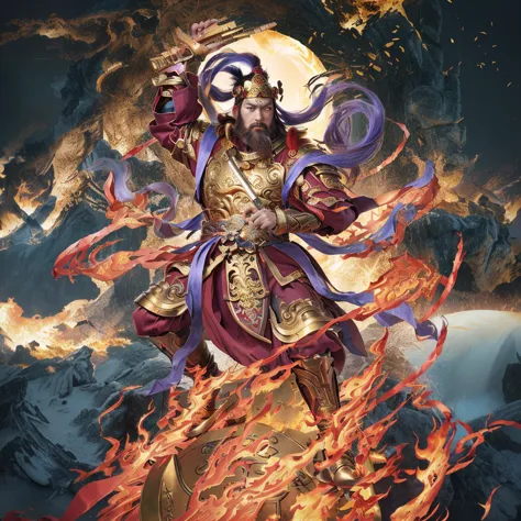 a fierce chinese warrior with a golden bamboo sword, fire, asura from chinese myth, maroon beard and hair, purple deity ribbon, ...