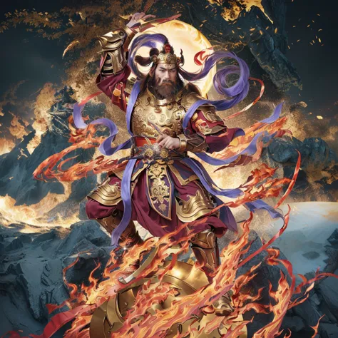 a fierce chinese warrior with a golden bamboo sword, fire, asura from chinese myth, maroon beard and hair, purple deity ribbon, ...