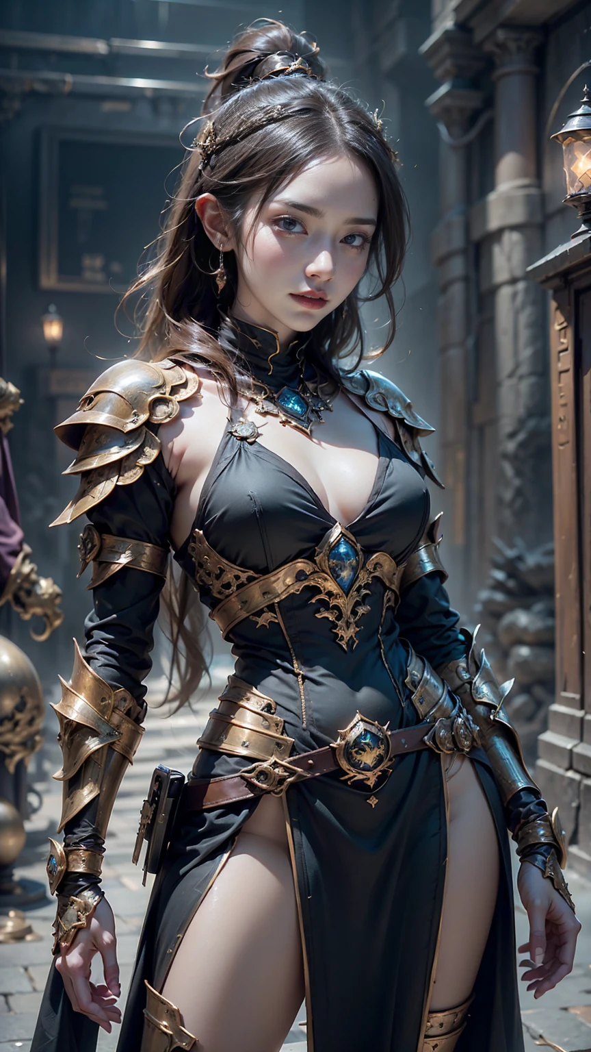 Game art，The best picture quality，Highest resolution，32K，(A bust photograph)，(Portrait)，(Head close-up)，(Rule of thirds)，Unreal Engine 5 rendering works， (The Girl of the Future)，(Female Warrior)， 20-year-old girl， elegant smile, ((Hunter))，An eye rich in detail，(Big breasts)，Elegant and noble，indifferent，brave， （Medieval-style fur combat clothing，Glowing magic lines，Animal skin clothing with rich detailedieval Lady Knight，Medieval ranger， photo poses，simple background，Movie lights，Ray tracing，Game CG，((3D Unreal Engine))，OC rendering reflection pattern