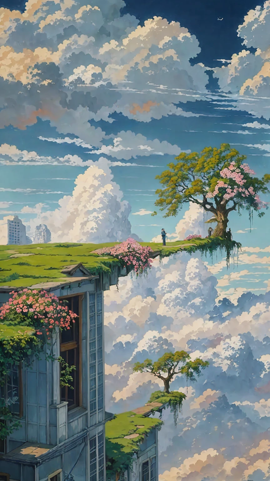 painting of a house with a tree on a cliff above the clouds, kilian eng and thomas kinkade, rob gonsalves and tim white, silvain sarrailh, rhads and thomas kinkade, inspired by RHADS, cyril rolando and m.w kaluta, cyril rolando and m. w kaluta, rhads!!!