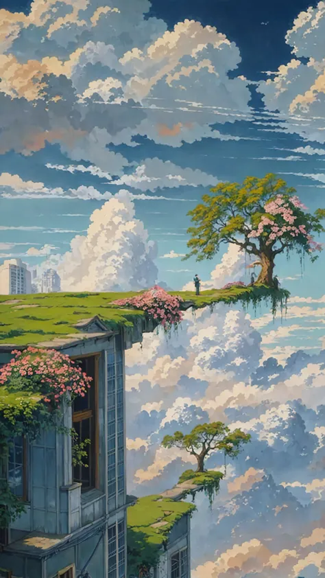 painting of a house with a tree on a cliff above the clouds, kilian eng and thomas kinkade, rob gonsalves and tim white, silvain...