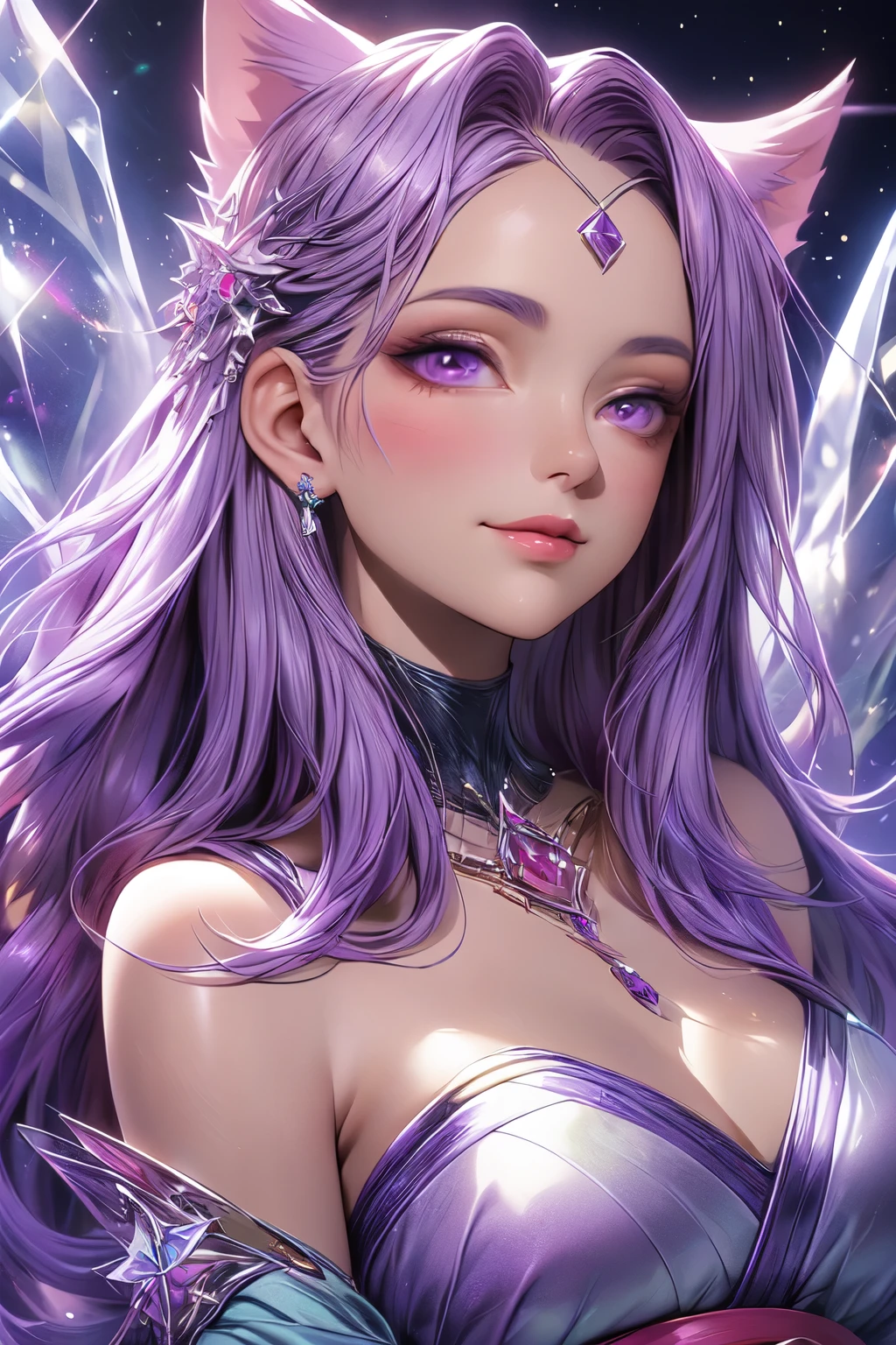 ((best quality)), ((masterpiece)), (detailed), detailed eyes, detailed hands, full-length body image, female humanoid kitsune, wearing a short kimono, crystal crown on top of her head, light purple hair, light purple fox ears, 2 purple crystal fox tails, 1 crystal eight-pointed star shape on forehead, delicate and beautiful detailing, beautiful face, well-proportioned detailed purple eyes, round detailed purple eyes and makeup, beautiful detailed and clear purple eyes, volume smooth and sharp, long flat bangs, fictional art, best photos, best quality, very beautiful and meticulous eight-pointed crystal star on forehead, delicate, mouth closed smile, not fully smiling, with a starry background