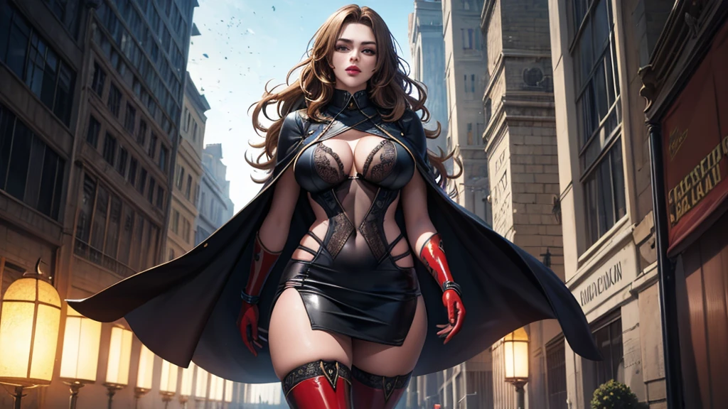 1girl,Alicia Viewsrtream,red lips,red impossible clothes,red elbow gloves,red thigh boots,cape,incredibly absurdres,Volumetric Lighting,moody lighting,thighs,realistic,reality,hetero, best quality:1.4, intricate details, sharp focus, highres, elaborate atmosphere:0.90, 8K, 4K, UHD, 32k UHD resolution, realistic photo, professional photography, Ultra Detailed 8K CG, ultra high res, High quality texture, High quality shadows, vivid colors, detailed eyes, chromatic aberration, depth of field, soft lighting, masterpiece, best quality, intricate, (lens reflection: 0.7), (flowering: 0.7), particle effects, ray tracing, tone mapping, highly detailed, concept art, smooth, sharp focus, dramatic lighting, highly detailed art, cinematic, hyper-realistic painting, trending on Artstation, 8K, amazing shadows, realistic, (highly detailed background: 1.2), mid-journey art