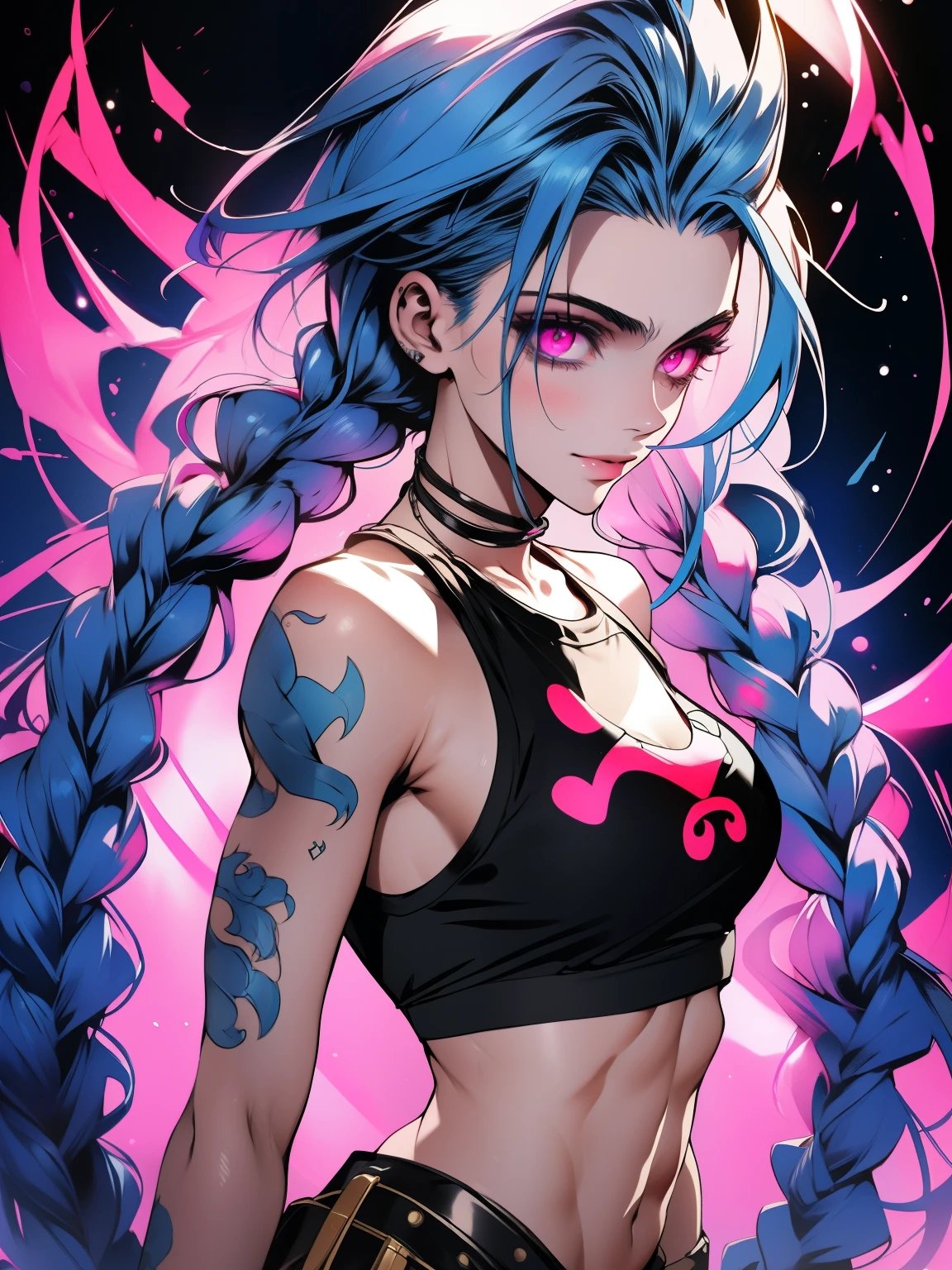 (A high resolution), (absurderes), (Best quality), (High quality), (Masterpiece), (1boy), , Glowing eyes, Pink eyes, Blue hair, Long hair, Double up braid, Jinx \(League of Legends\), arm tattoos, Crop top, Medium breasts, arms back behind,