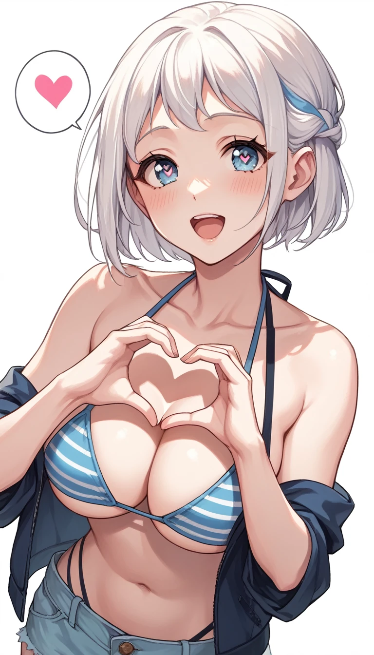 16k,score_9, score_8_up, score_7_up, source_anime, rating_safe,super detailed , katsuragi lilja,blue eyes,white hair,short hair,braid,,bikini, (heart eyes),(heart in eyes), heart hands,spoken heart,open mouth,dutch angle,big breast ,blush,beautiful face,beautiful eyes,details eyes,white background