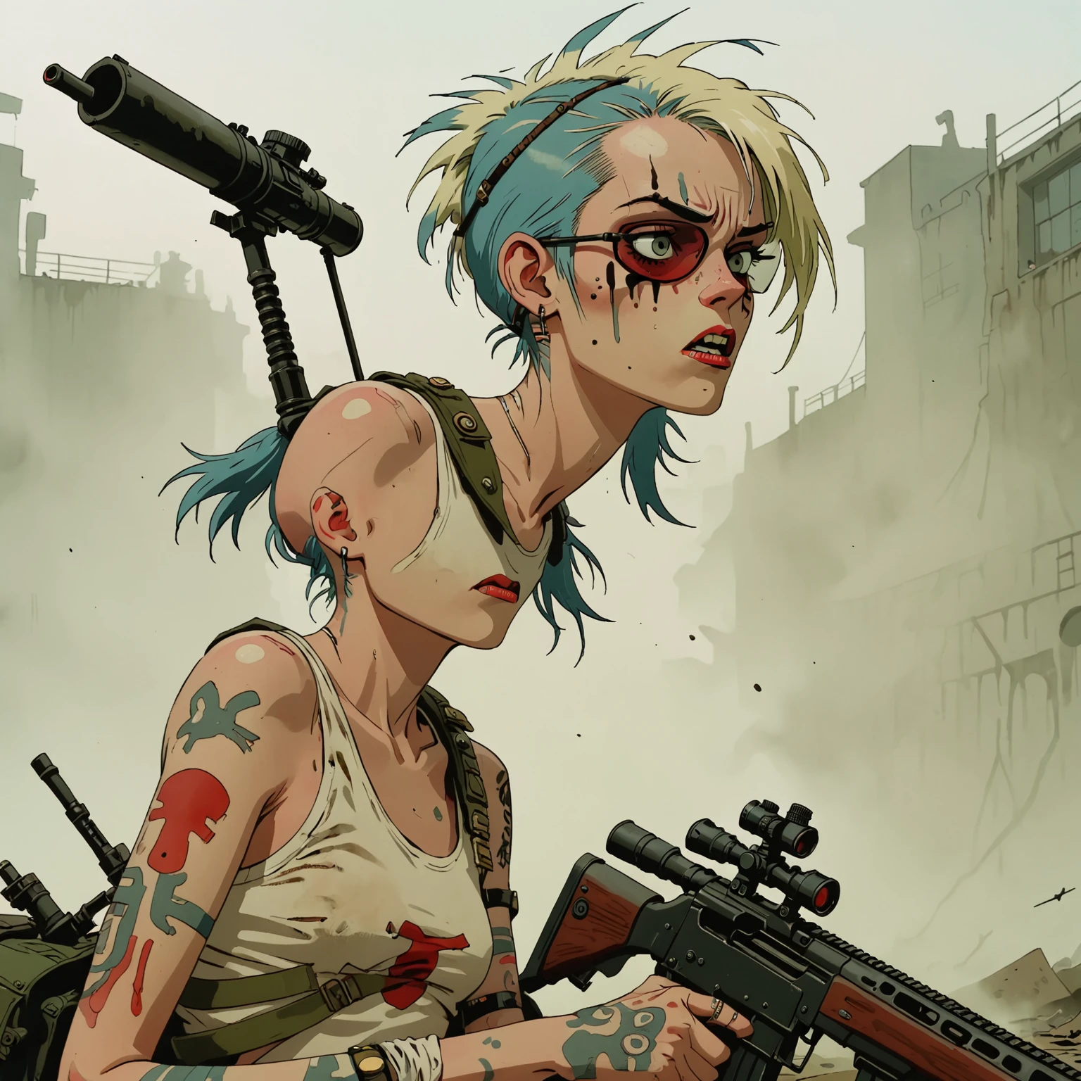 heat, haze, hallucination, apparition, unsettling, overwhelming, tank girl, film screengrab, minimal, serene, perfect, strange, candid, cinematic, tank girl with sniper rifle, realism, photographed, timeless, blank canvas, nuanced, clearly cartoon distinct tank girl style aesthetics, 