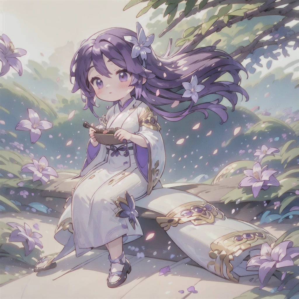 best quality, Cute light-skinned baby chibi anime, Long purple hair，Shouhui,cute,Purple Eyes, Butterfly hair accessory on the right，full body,((独奏)),Long skirt，big breast,Bare legs，White background,Falling petals，Holding a basket of flowers，Picking flowers，forest，garden，Purple gerbera flowers in bloom，orchid，railing