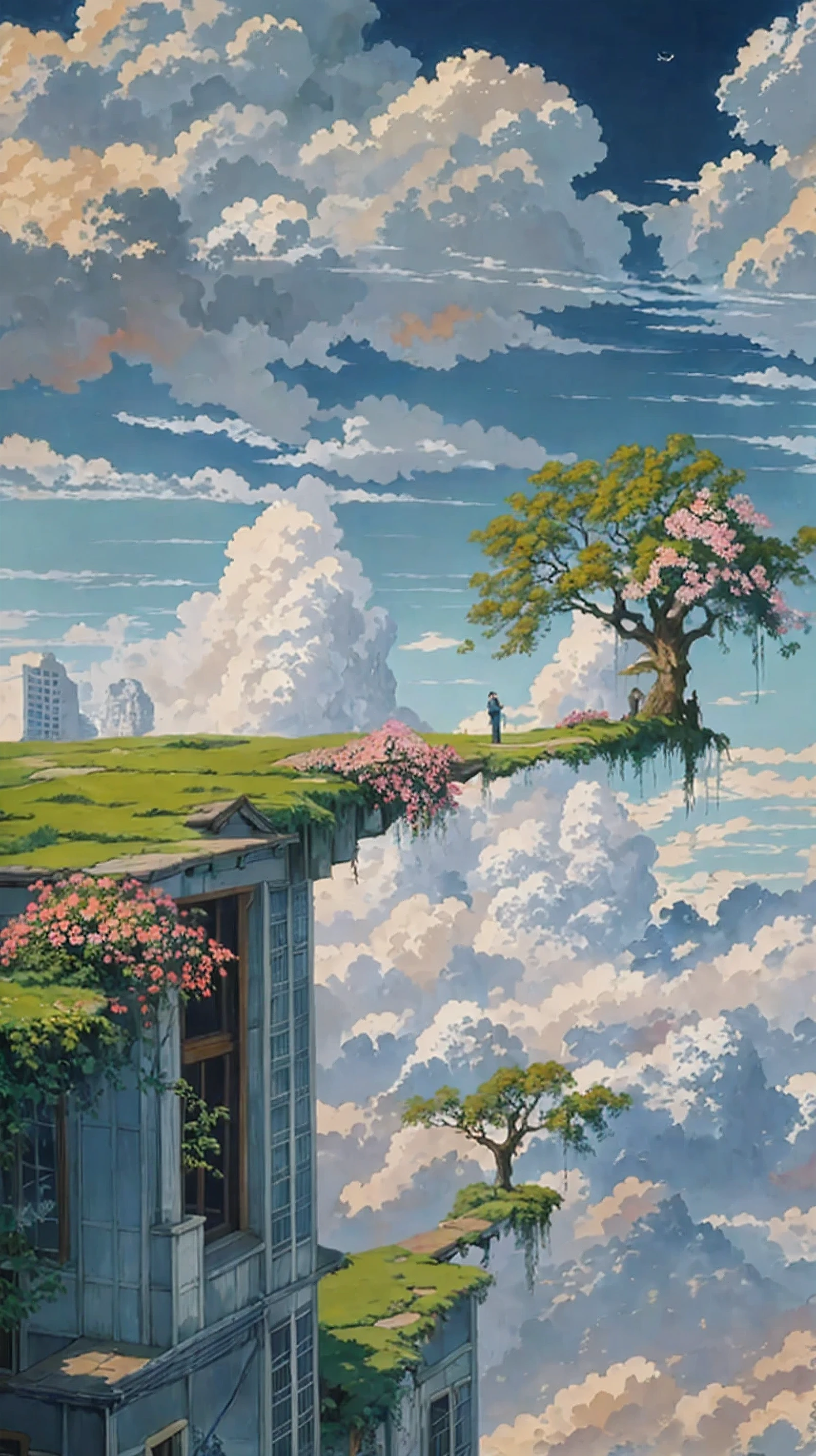 painting of a house with a tree on a cliff above the clouds, kilian eng and thomas kinkade, rob gonsalves and tim white, silvain sarrailh, rhads and thomas kinkade, inspired by RHADS, cyril rolando and m.w kaluta, cyril rolando and m. w kaluta, rhads!!!