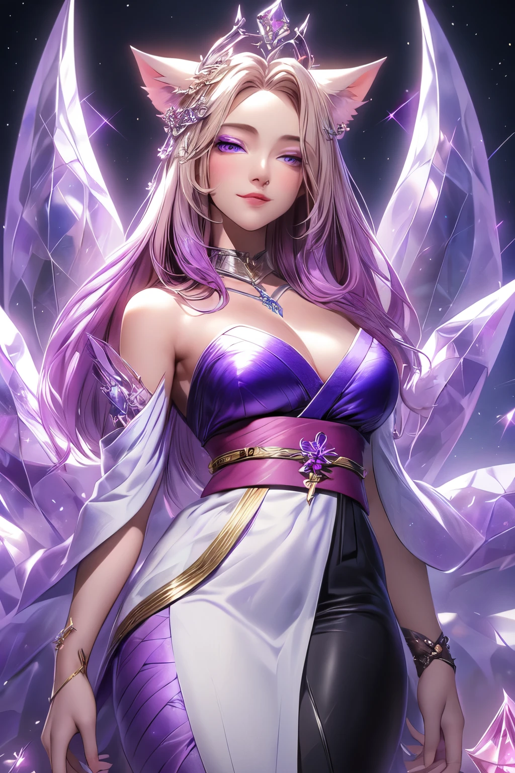 ((best quality)), ((masterpiece)), (detailed), detailed eyes, detailed hands, head to toe full-length body image, female humanoid kitsune, wearing a short kimono, crystal crown on top of her head, light purple hair, light purple fox ears, 2 purple crystal fox tails, 1 crystal eight-pointed star shape on forehead, delicate and beautiful detailing, beautiful face, well-proportioned detailed purple eyes, round detailed purple eyes and makeup, beautiful detailed and clear purple eyes, volume smooth and sharp, long flat bangs, fictional art, best photos, best quality, very beautiful and meticulous eight-pointed crystal star on forehead, delicate, mouth closed smile, not fully smiling, with a starry background