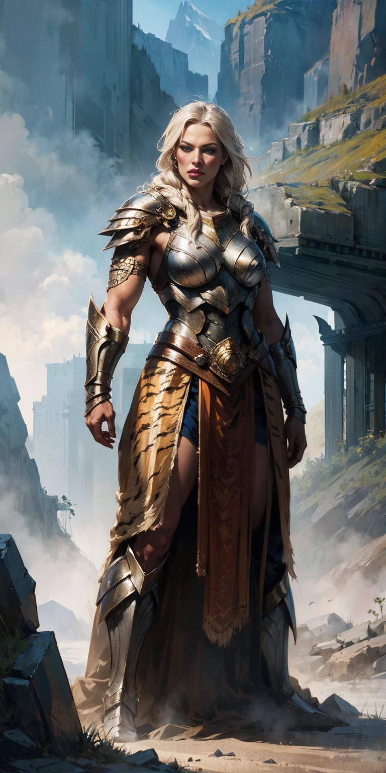 1 Girl (implying one person, likely female)
Full Body: Standing with perfect symmetry
Muscular Build: Strong and defined physique
Turned Arms: Muscular arms positioned behind her back
Theme:
Epic Fantasy: Set in a fantastical world
Asgard: Inspired by Norse mythology (can be subtle or more prominent)
Valkyrie/Lady Knight: Combining elements of a fierce warrior and noble protector
A motif incorporated into her armor, clothing, or environment (tiger stripes, or a tiger pelt cloak)
Visual Style:
Hyper Realistic: Incredibly lifelike detail
Masterpiece: Exceptional quality
8K Resolution: Sharp and high definition
Detailed Drawing: Intricate and richly textured
Superior Quality: The best possible rendering
Epic Composition: Dramatic and visually stunning