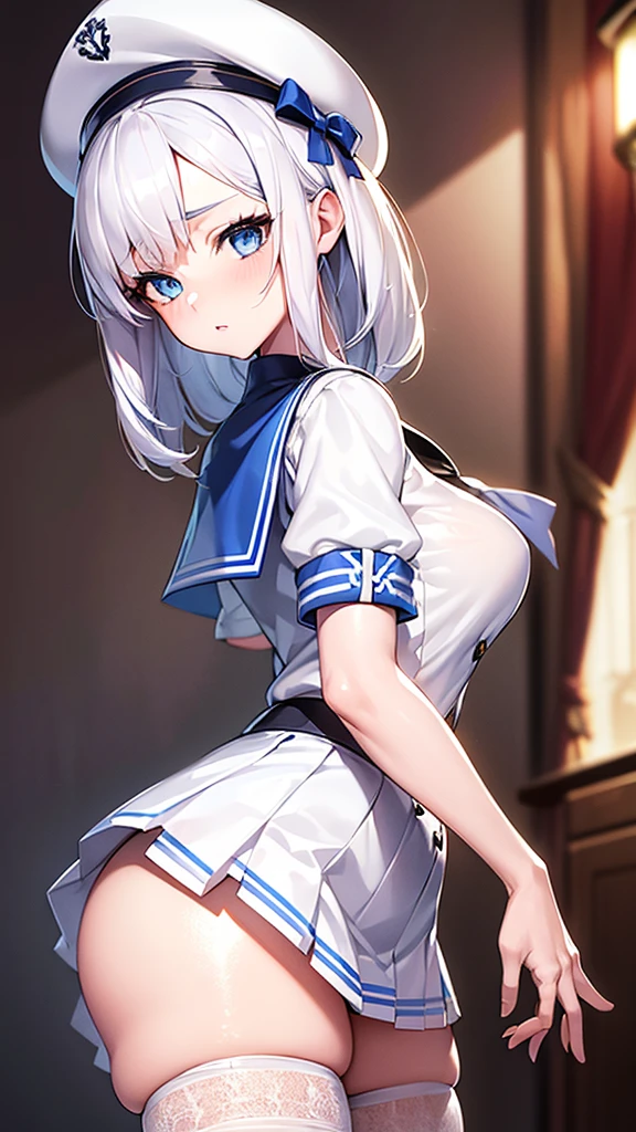 beautiful detailed girl, 1girl, detailed white hair, detailed blue eyes, detailed small perky breasts, detailed tight firm butt, short white pleated skirt, blue panties, button up shirt, sailor cap, extremely detailed, realistic, photorealistic, ultra-detailed, 8k, masterpiece, dramatic lighting, vibrant colors, cinematic, fantasy, ethereal