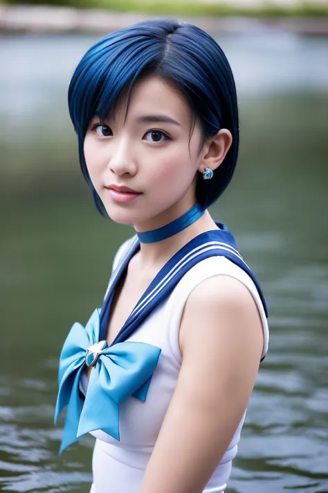 Full Body Shot,Ami Mizuno, (sailor mercury, neck ribbon, blue hair, short hair, circlet, jewelry, crescent earrings),Sailor Merc...