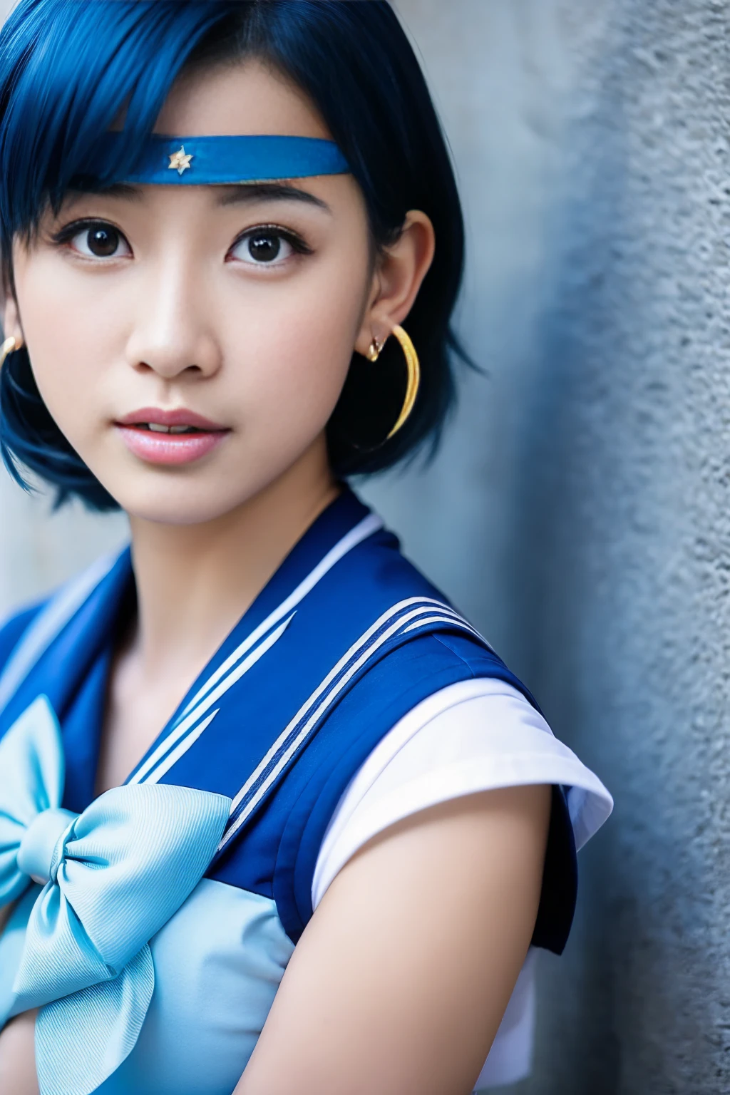 Full Body Shot,Ami Mizuno, (sailor mercury, neck ribbon, blue hair, short hair, circlet, jewelry, crescent earrings),Sailor Mercury. beautiful, whole body,water star,looking at the camera
