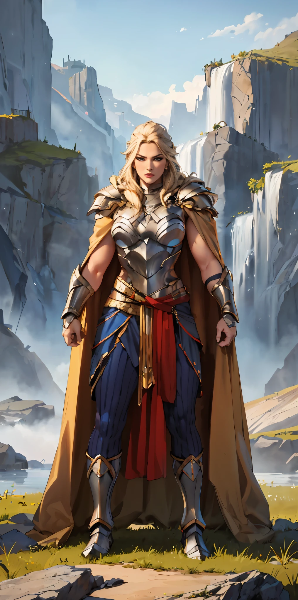 1 Girl (implying one person, likely female)
Full Body: Standing with perfect symmetry
Muscular Build: Strong and defined physique
Turned Arms: Muscular arms positioned behind her back
Theme:
Epic Fantasy: Set in a fantastical world
Asgard: Inspired by Norse mythology (can be subtle or more prominent)
Valkyrie/Lady Knight: Combining elements of a fierce warrior and noble protector
A motif incorporated into her armor, clothing, or environment (tiger stripes, or a tiger pelt cloak)
Visual Style:
Hyper Realistic: Incredibly lifelike detail
Masterpiece: Exceptional quality
8K Resolution: Sharp and high definition
Detailed Drawing: Intricate and richly textured
Superior Quality: The best possible rendering
Epic Composition: Dramatic and visually stunning