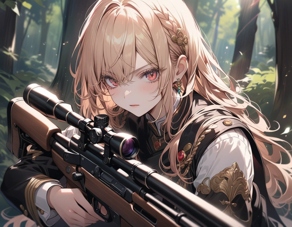 a female sniper, intricate details, highly detailed military uniform, detailed face, beautiful eyes, long eyelashes, determined expression, holding a sniper rifle, in a forest setting, sunlight filtering through the trees, cinematic lighting, vibrant colors, dramatic composition, masterpiece