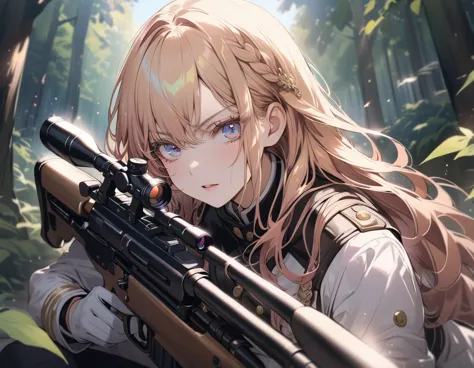 a female sniper, intricate details, highly detailed military uniform, detailed face, beautiful eyes, long eyelashes, determined ...