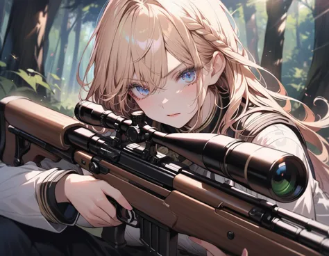 a female sniper, intricate details, highly detailed military uniform, detailed face, beautiful eyes, long eyelashes, determined ...