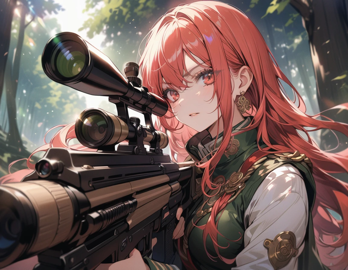 a female sniper, intricate details, highly detailed military uniform, detailed face, beautiful eyes, long eyelashes, determined expression, holding a sniper rifle, in a forest setting, sunlight filtering through the trees, cinematic lighting, vibrant colors, dramatic composition, masterpiece