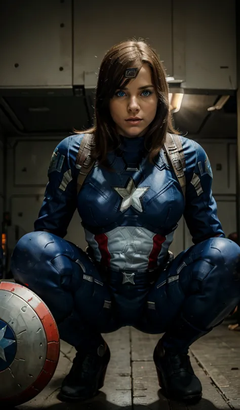 The female version of Captain America in an action pose, perfect costume, extremely detailed bright blue eyes, sitting squatting...