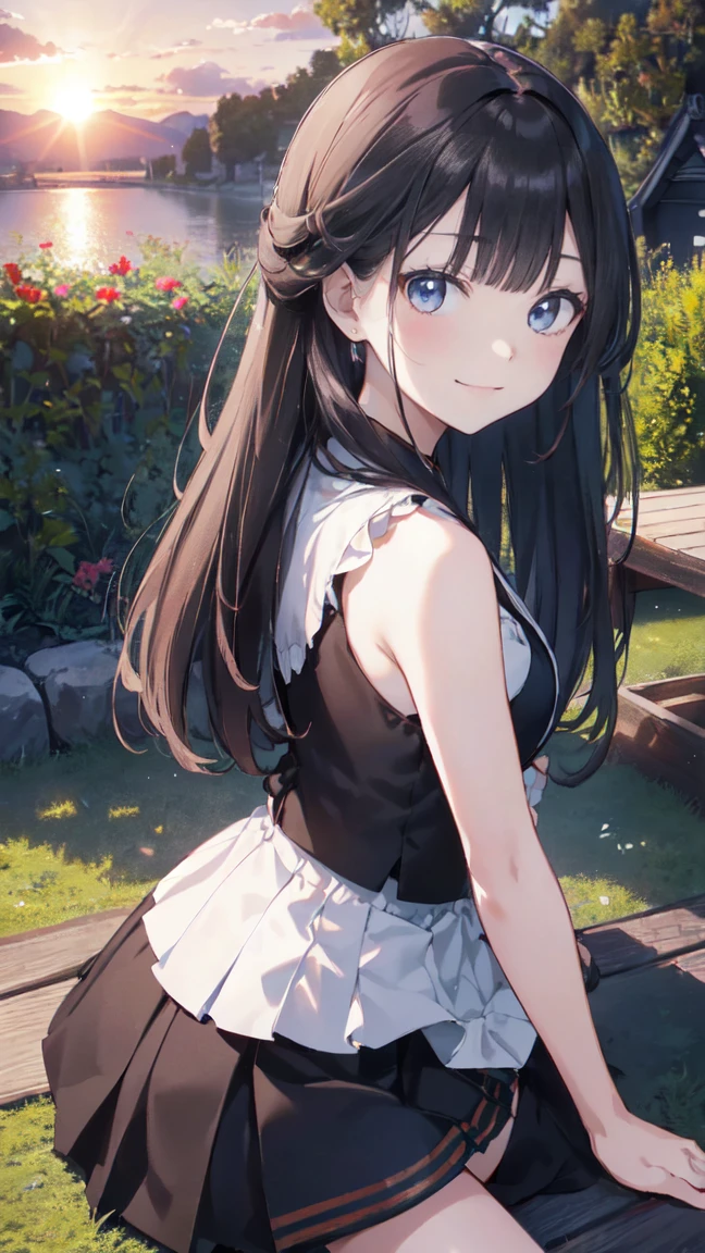 Best image quality, 8k, (Ultra-high resolution:1.5,Japanese,smile,Delicate eyes,Sensitive face,Attractive face,Long Black Hair、garden、Sunset、Fantasy、Black sleeveless、White flared skirt、Looking back at me、Blue Eyes