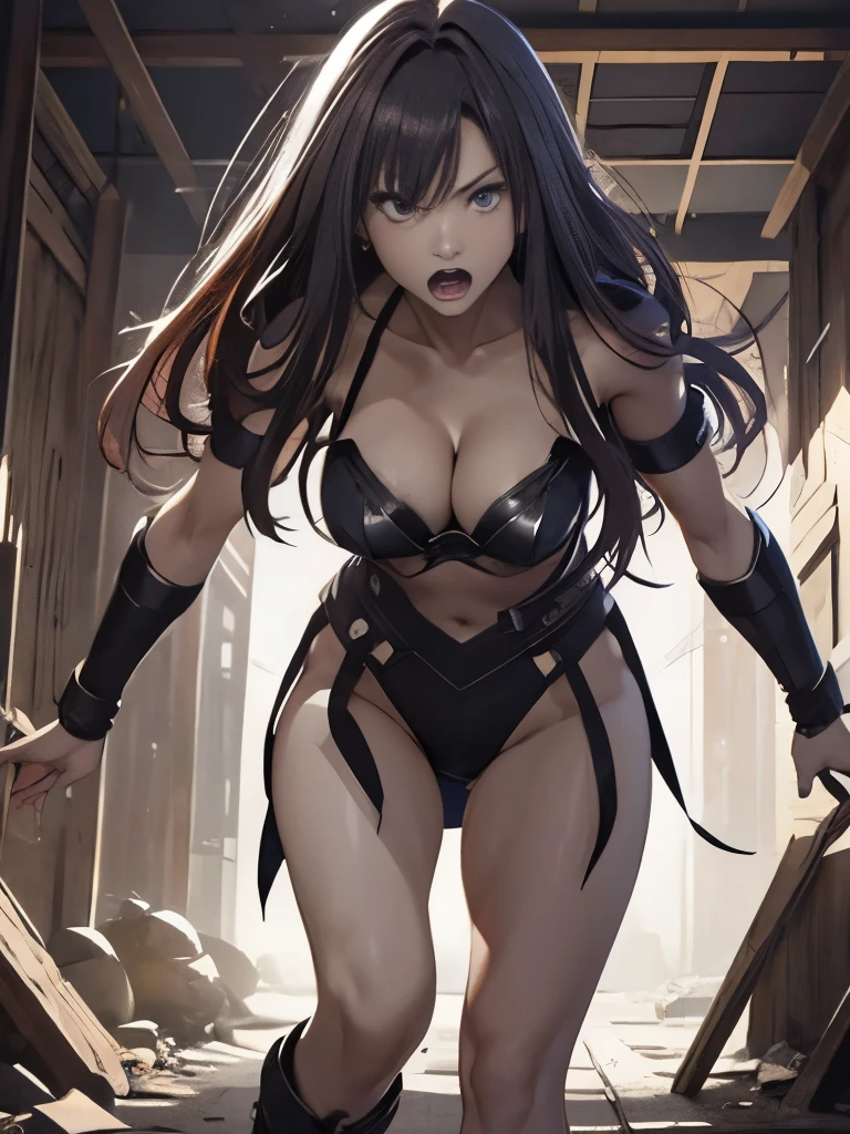 Highest quality、Captured by mutants、Surrounded by mutants、defeat、Beautiful woman with very long purple hair、White Armor（Medium breast、Her cleavage is visible、Off the shoulder、No sleeve、No elbow pads、Belly button、High Leg、Exposed thighs）、White Armorのブーツ、Tears overflow、Frightened expression、run away、Attacked by mutants 1:5、Many violent mutants 1:5、The mutant grabs him by the arm.　Mutant attacks from behind、Mutant grabs leg、Mutant Swarm 1:5、darkness、another world、Dark fantasy、Pitch black hell