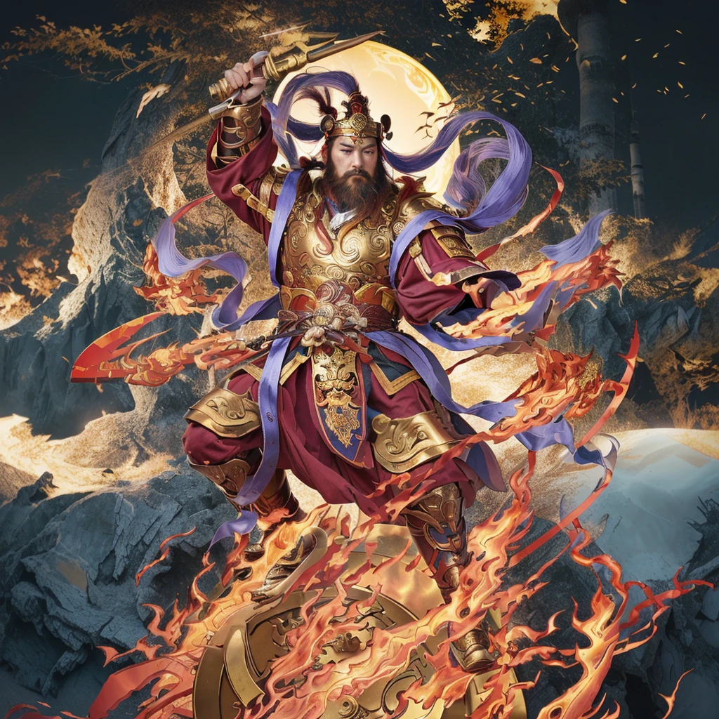 a fierce chinese warrior, holding a golden bamboo sword, fire, asura from chinese myth, maroon beard and hair, purple deity ribbon, standing on huge golden wheel, 3 eyes, golden armour, taoist priest, taoist master, small crown, pointing middle finger, 