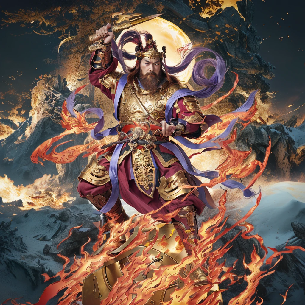 a fierce chinese warrior, holding a golden bamboo sword, fire, asura from chinese myth, maroon beard and hair, purple deity ribbon, standing on huge golden wheel, 3 eyes, golden armour, taoist priest, taoist master, small crown, pointing middle finger, 